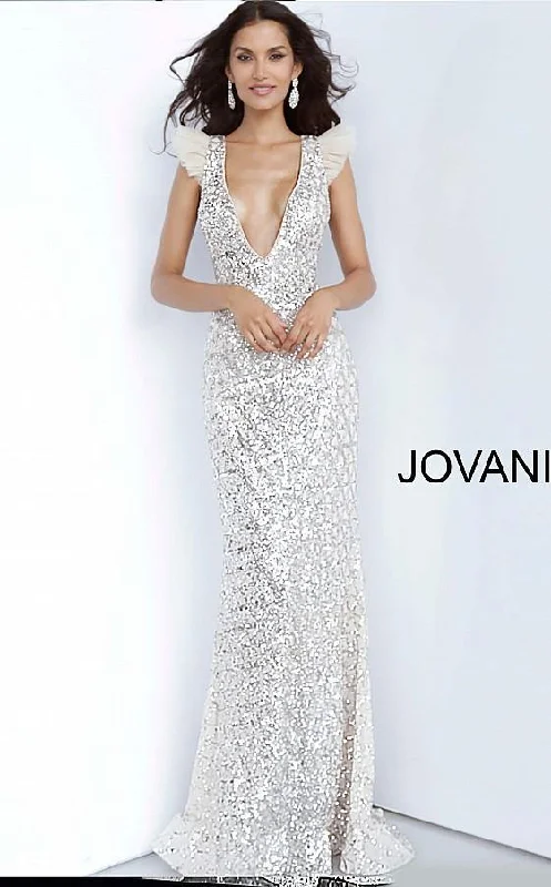 Fashion Sale Jovani 02457 Long Plunging Neckline Embellished Prom Dress