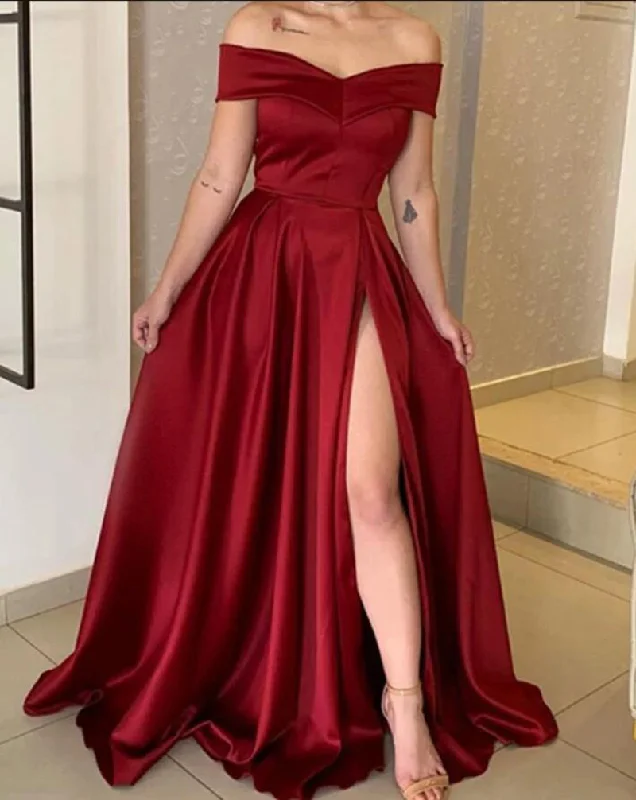 Stylish Savings Off The Shoulder Dark Red Long Women Formal Prom Dress with Pocket  for Wedding Party Outfits PL1021