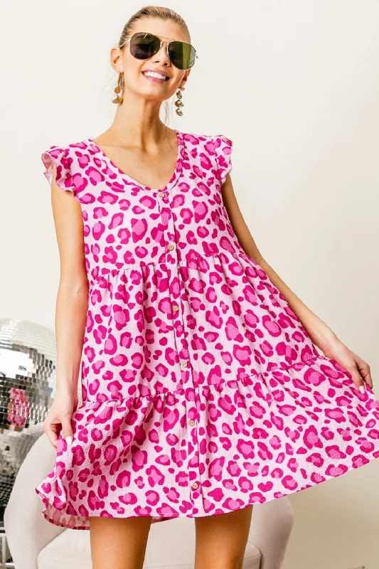 Trendy Styles BiBi Leopard Cap Sleeve Tiered Mini Dress