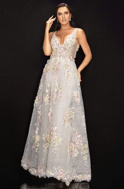 Sporty Fashion Offers Terani Couture - 2011P1171 Floral Applique Deep V-neck Ballgown