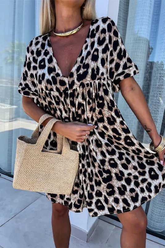 Everyday Elegance Sale Khaki Leopard Print Backless V Neck Loose Fit Mini Dress