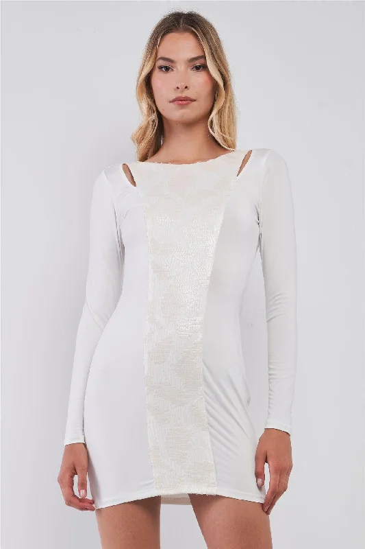 Buy More, Save More White Sequined Center Front Detail Long Sleeve Mini Dress /2-2-2