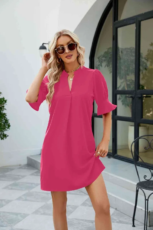 Casual Chic Notched Neck Flounce Sleeve Mini Dress