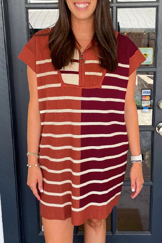 Street Chic Discounts Brown Stripe Color Block Short Sleeve Quarter Zip Mini Dress