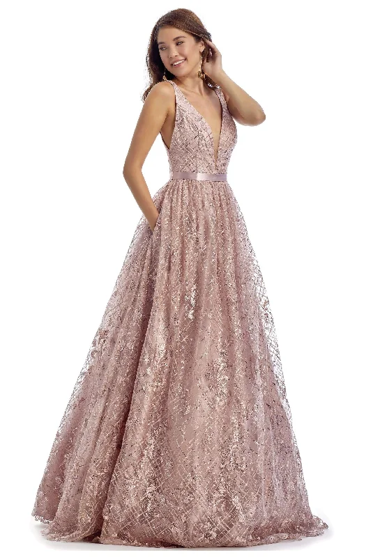 Glamorous Fashion Offers Clarisse - 5113 Sequined Floral Embroidered Deep V-neck A-line Gown