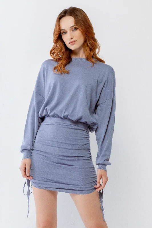 Budget Saver Dusty Blue Ruched Crew Neck Long Sleeve Mini Dress /3-2-1