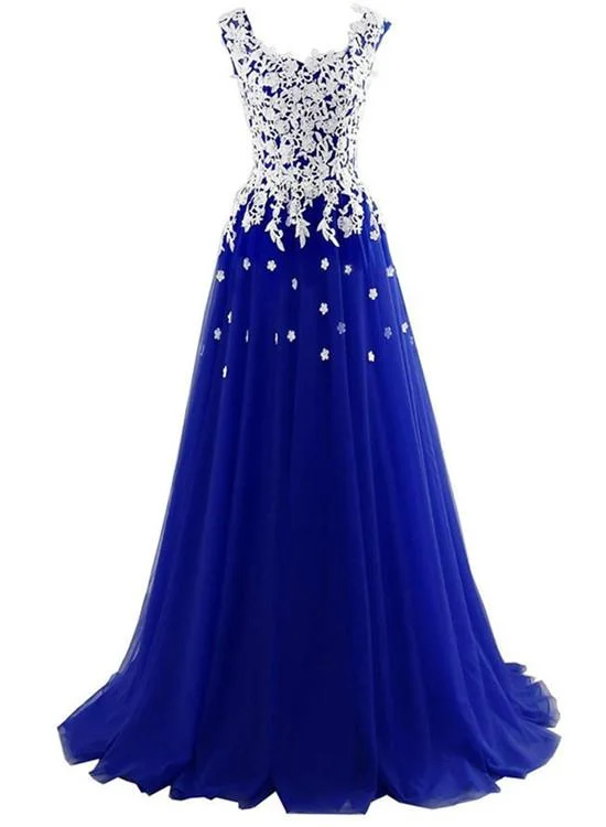 Limited Stock Long Blue Tulle Prom Dresses,White Appliques Princess Dress, Wedding Party Dress   cg16878