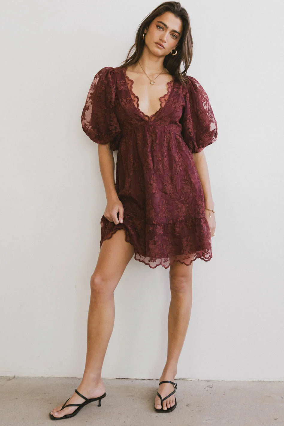 Latest Fashion Tiana Embroidered Mini Dress in Red-Brown