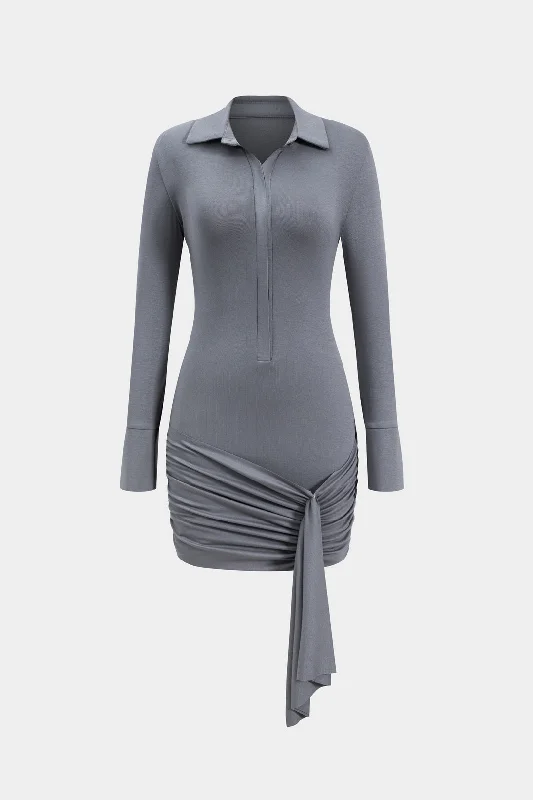 Exclusive Discount Ruched Button Long Sleeve Mini Dress