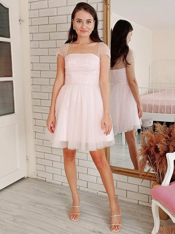 Chic & Modern Sales A-Line/Princess Tulle Beading Strapless Short Sleeves Short/Mini Dresses