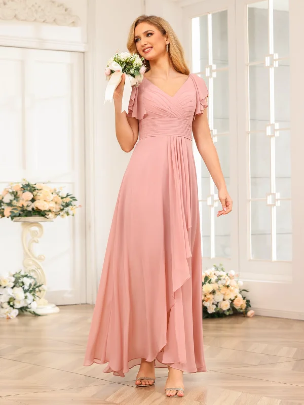 Hot Deals A-Line/Princess V-Neck Long Wedding Party Dresses with Ruffles