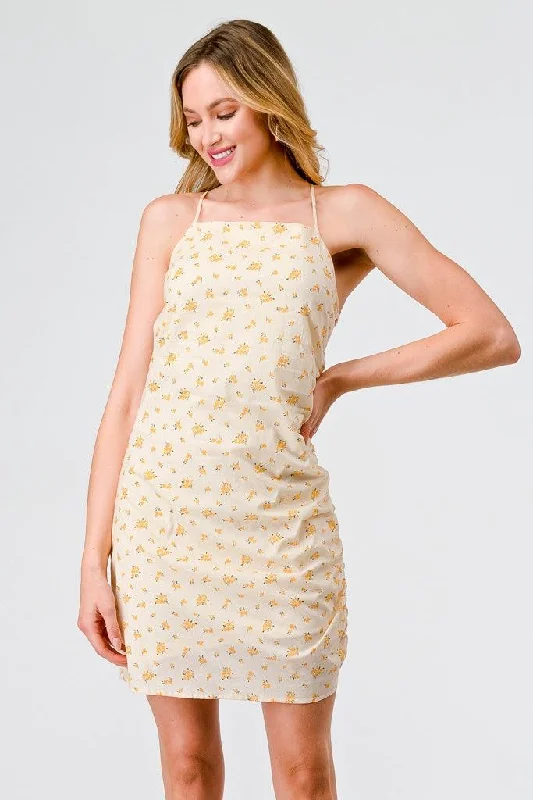 Stupidly Low Prices Yellow Ditsy Cotton Strappy Ruched Mini Dress /3-2-1