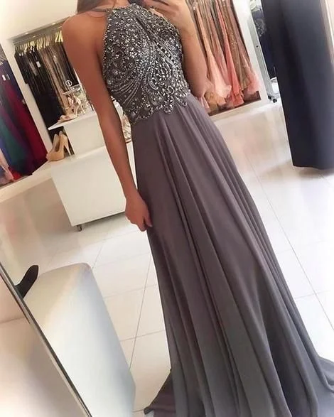 Holiday Attire Sale ackless A-line Beaded Chiffon Long Prom Dress Fashion Wedding Party Dress  cg674