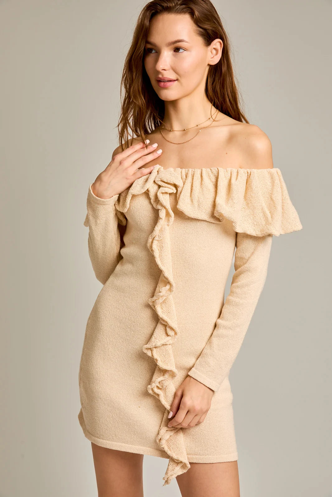 Vintage-Modern Style Offers Off The Shoulder Ruffle Long Sleeve Sweater Mini Dress