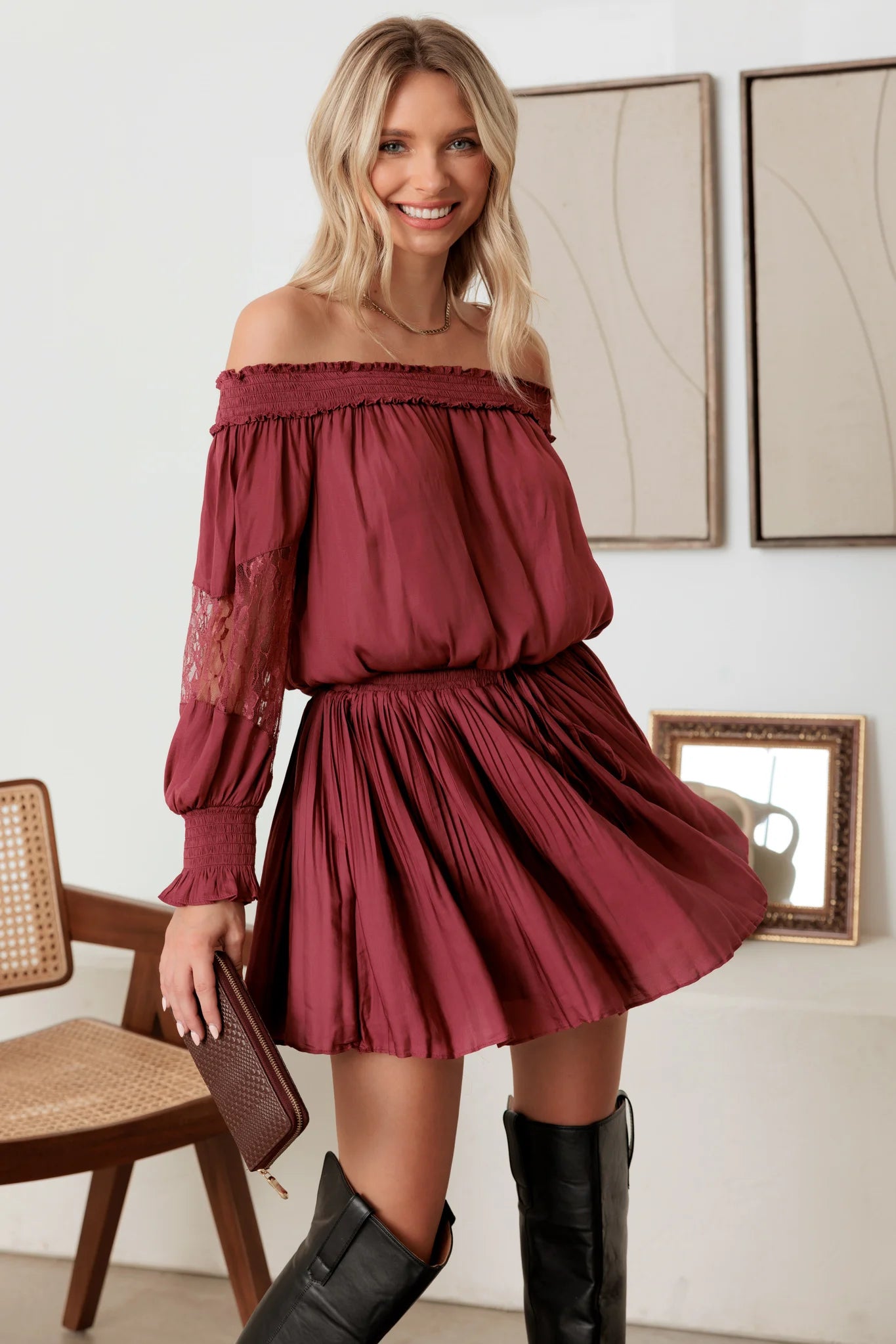 Casual Yet Chic Sales Smocked Off-Shoulder Lace Sleeve Mini Dress