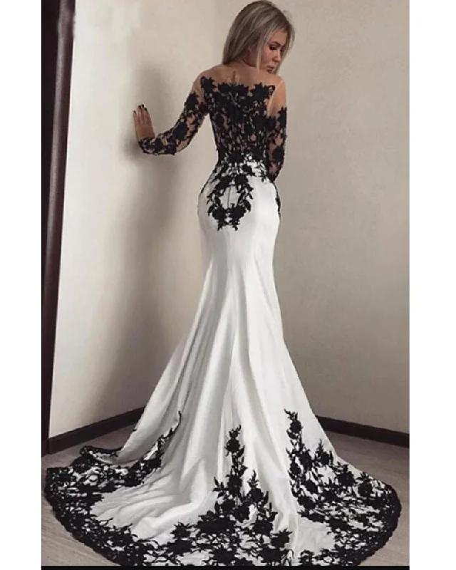 Summer Fashion Black and White Mermaid EveningWedding Party Dress Long Sleeve Formal Women Outfit  PL0922