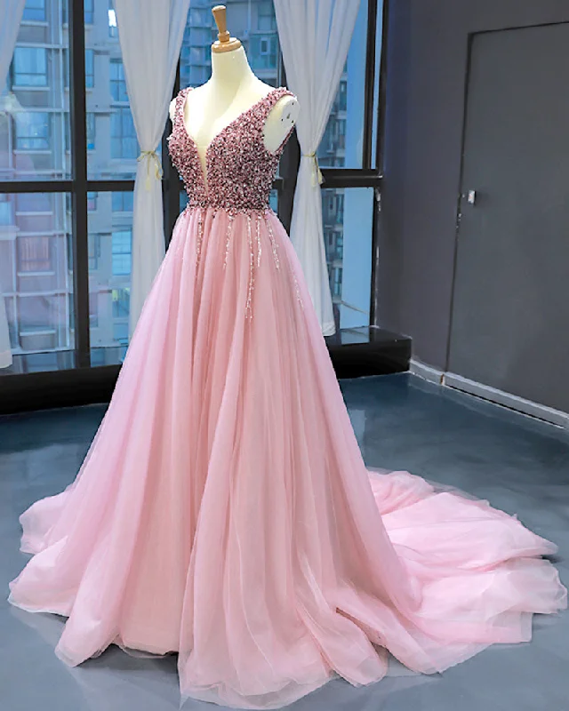 Hot Styles Pink Beading V Neck Tulle Women  Evening Long Dress Party Wedding Party Gown PL0608