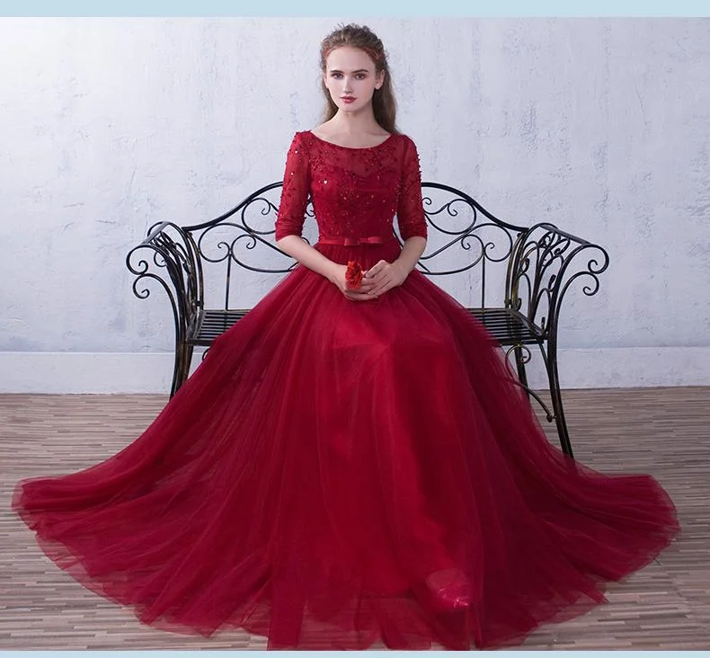 Vintage-Inspired Style Offers Wine Red Short Sleeves Beaded Tulle Wedding Party Dress, A-Line Tulle Long Prom Dress   cg21919