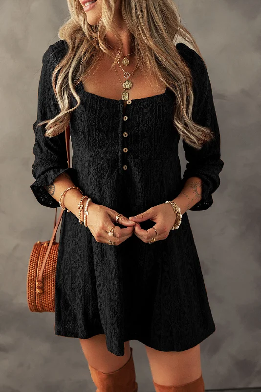 Laid-Back Fashion Offers Black Lace Crochet Buttoned Square Neck Mini Dress