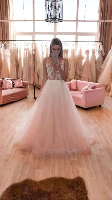 Don't Miss Out Unique Light Blush A Line Wedding prom Dress With deep V-neck Sparkly Lace Bodice   cg12171