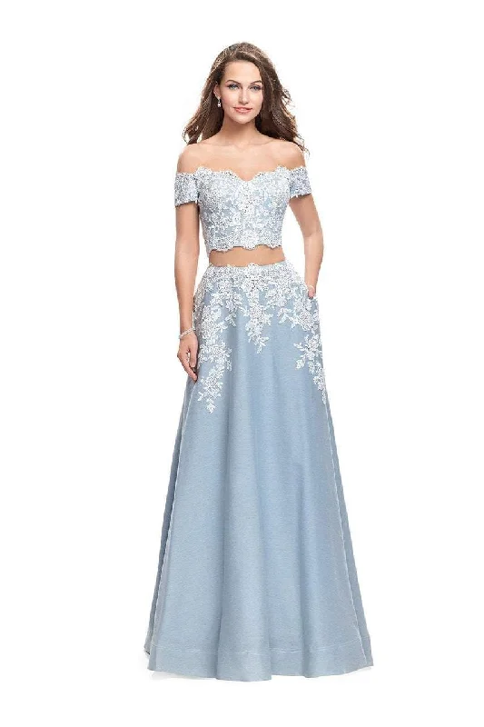 Flash Sale Now La Femme - 25655 Lace Applique Two Piece Denim A-line Gown