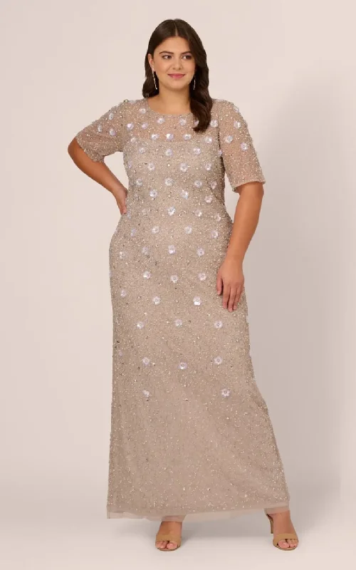 Insane Discount Onslaught Adrianna Papell - Long Hand Beaded 3D Floral Dress With Elbow Sleeves In Marble