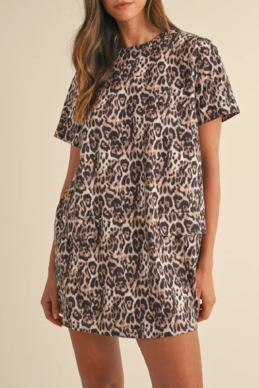 Feminine Style Promotions Brown Leopard Print Short Sleeve Pocket Mini Dress