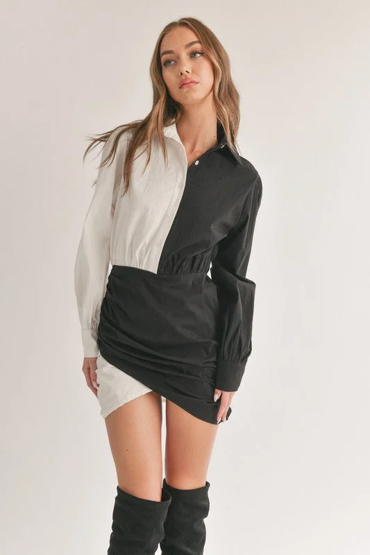 Luxury Casual Deals Split Decision White and Black Color Block Wrap Mini Dress