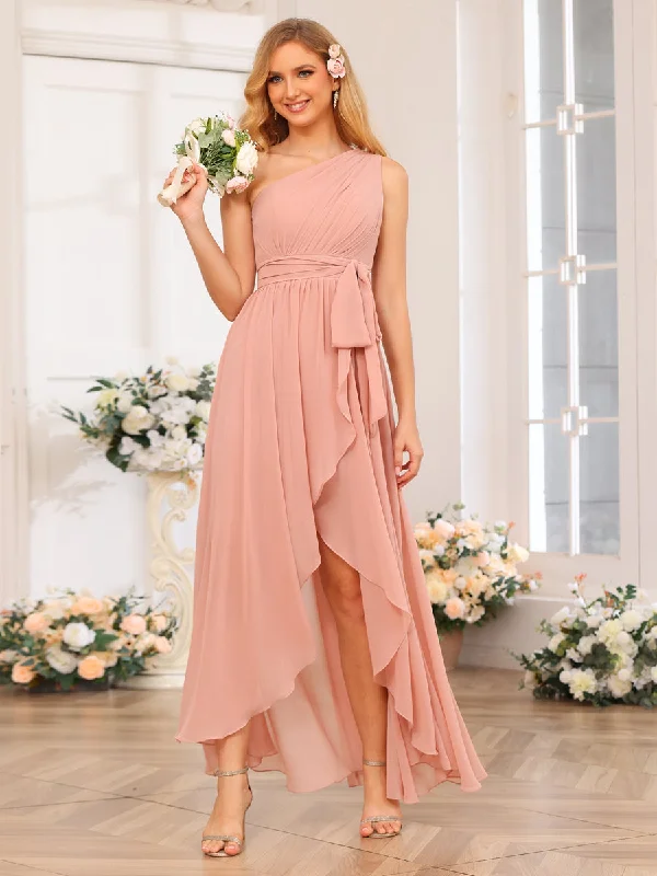 Daily Deals A-Line/Princess One-Shoulder Long Wedding Party Dresses with Sash