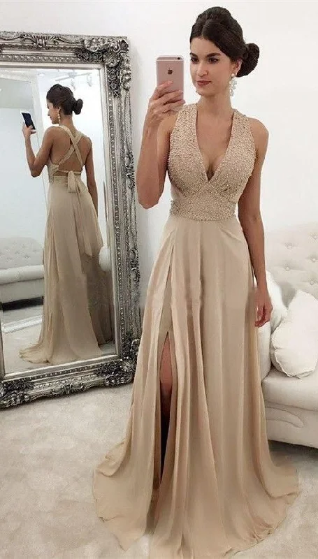 Limited Time Flash Sale Backless V-neck Long Prom Dress ,Beaded Formal Dresses ,Modest Wedding Party Dress cg3229