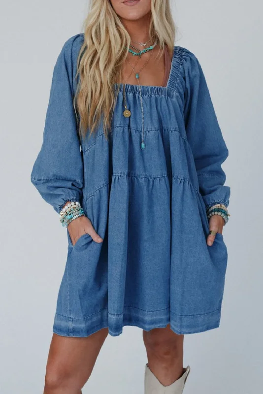 Relaxed Style Deals Dusk Blue Side Pockets Loose Fit Denim Mini Dress