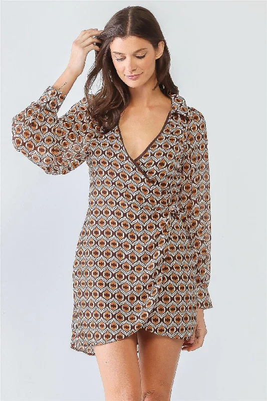 Style Without Limits Retro Printed Wrap Self-Tie Long Sleeve Mini Dress