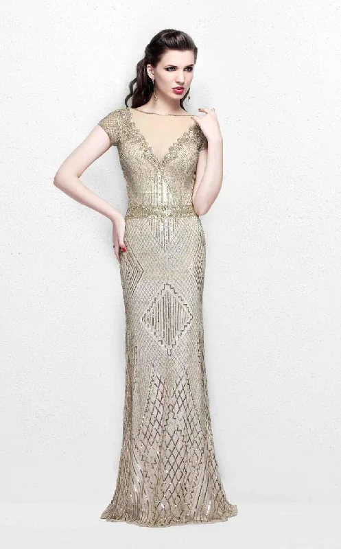 New Season Fashion Preview Sale Primavera Couture Illusion Bateau Short Sleeve Beaded Gown - 1 pc Champagne In Size 22 Available