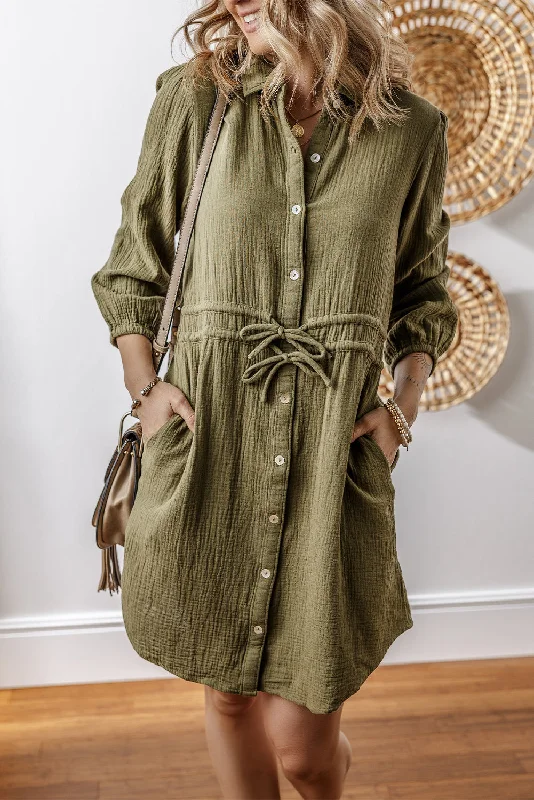 Cozy Comfort Style Sale Jungle Green Textured Bracelet Sleeve Button Up Mini Dress