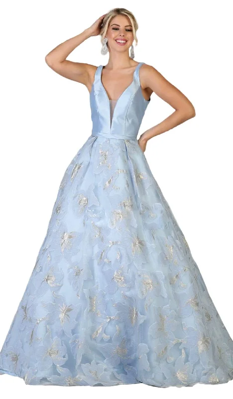 Budget Friendly May Queen - RQ7730 Plunging V-Neck Floral Ballgown