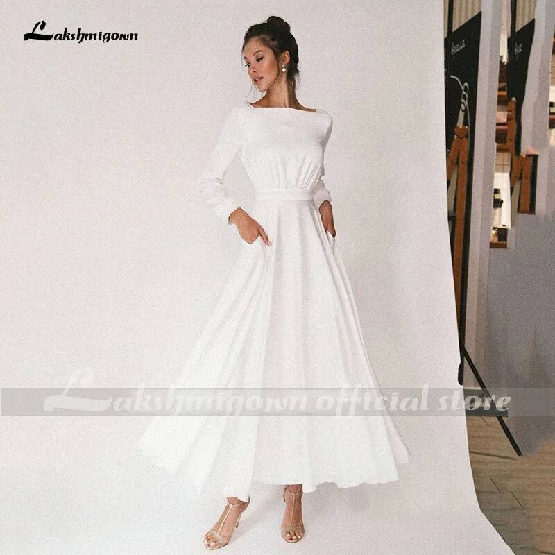 Discount Extravaganza Roycebridal Lakshmigown Simple Short Wedding Dresses Long Sleeves Ankle-Length A-Line Bride Dresses Pleated Wedding Gowns with Pocket