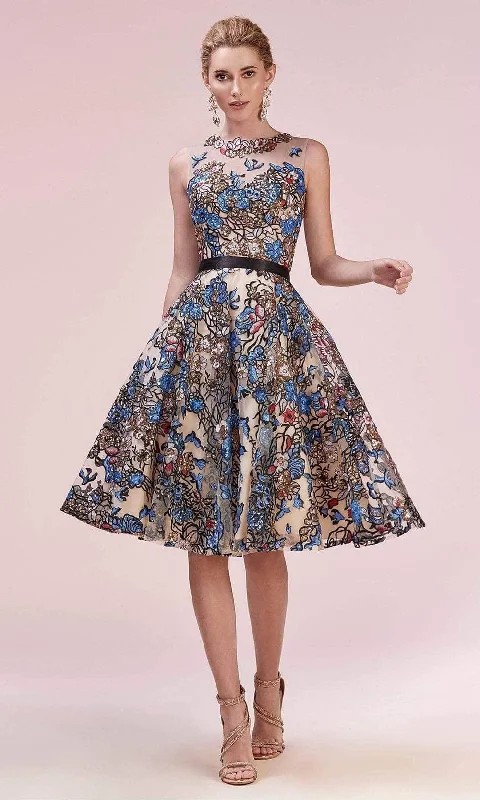 Chic Style, Always In Vogue Andrea and Leo - Floral Jewel Neck Cocktail Dress A0578 - 1 pc Multi In Size 22 Available