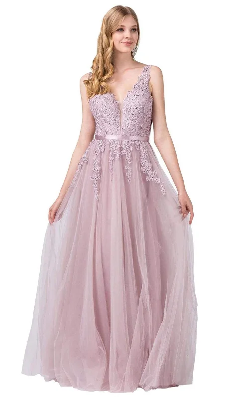 Classy Style Discounts Dancing Queen - 2596 Illusion Plunging Neck Floral Applique Tulle Gown