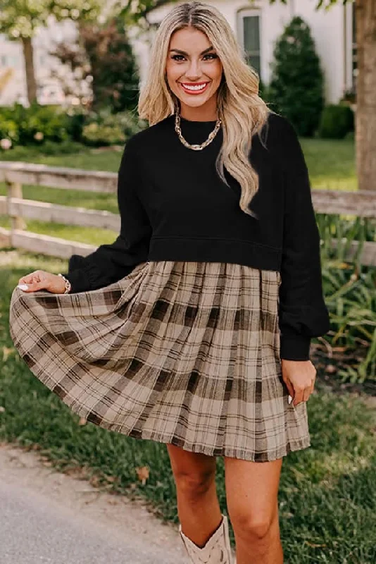 Explore What'S New Black Plaid Patchwork High Waist Sweatshirt Mini Dress