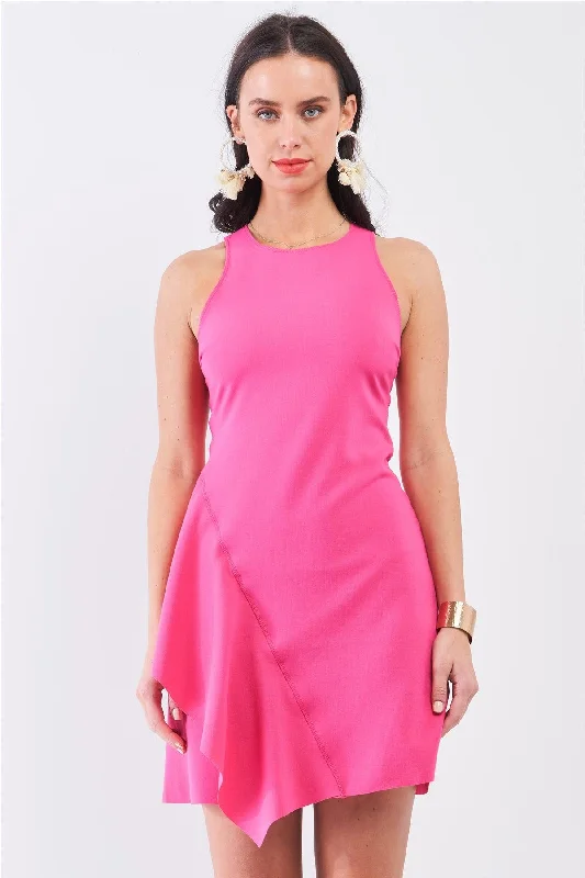 Seize Bargains Hot-Pink Sleeveless Round Neck Fitted Asymmetrical Mini Dress