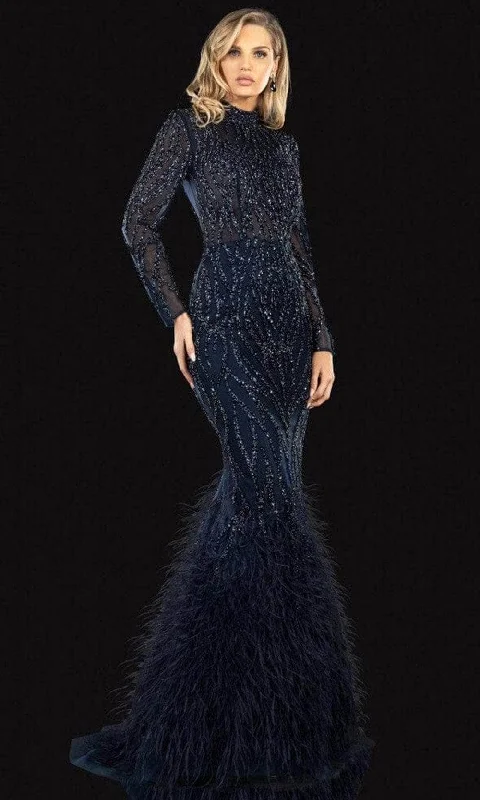 Huge Markdowns Terani Couture - Feathered Mermaid Evening Gown 2021GL3141 - 1 pc Navy In Size 8 Available