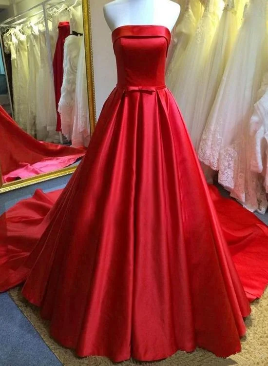 Sustainable Fashion Extravaganza Red Satin Scoop Long Simple Wedding Party Dress, Red Satin Formal prom Gown    cg13901