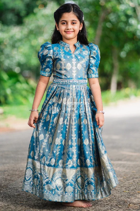 Mega Sales Girls Blue Silk Gown with Golden Borders and Intricate Embroidery for Weddings and Celebrations