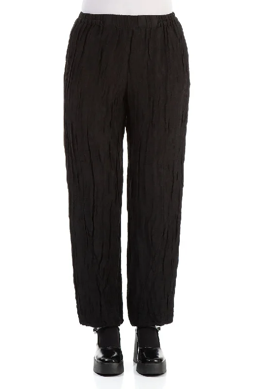 Bold Style Discounts Elegant Crinkled Black Silk Trousers