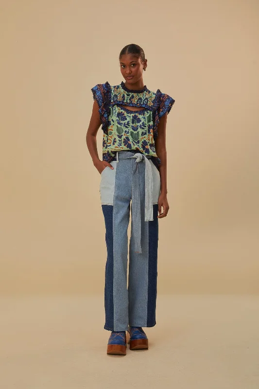 Trend Leading Collection Tie Waist Patch Denim Pants