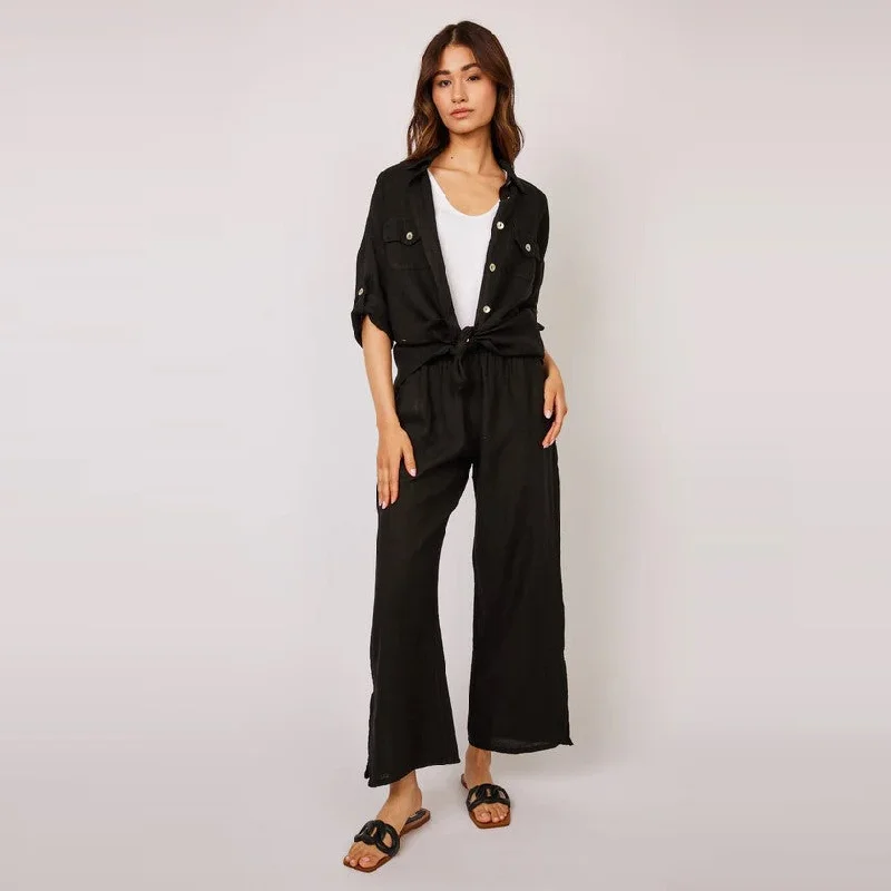 Playful Fashion Offers Straight Leg Linen Pant (Black)