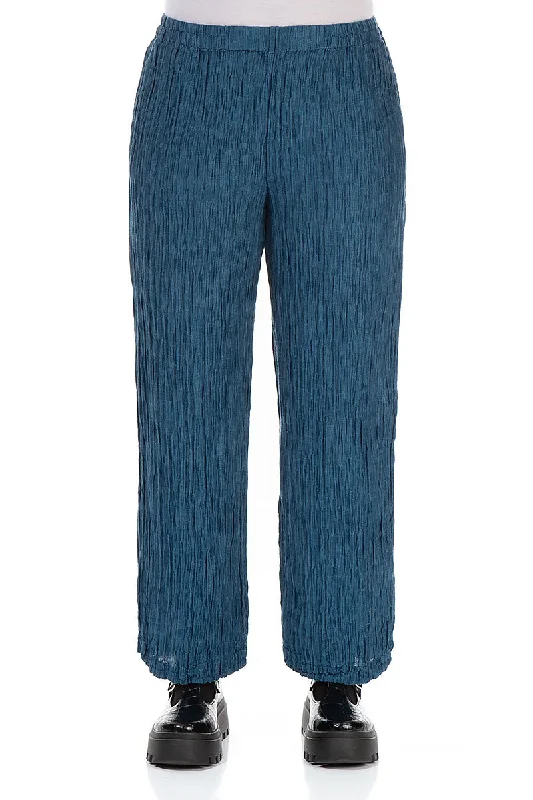 Browse Our Top Products Straight Crinkled Petrol Blue Silk Trousers