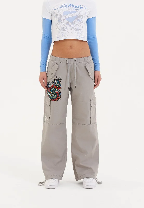 Day-To-Night Styles Womens Twisted Dragon Cargo Pants Trousers - Grey