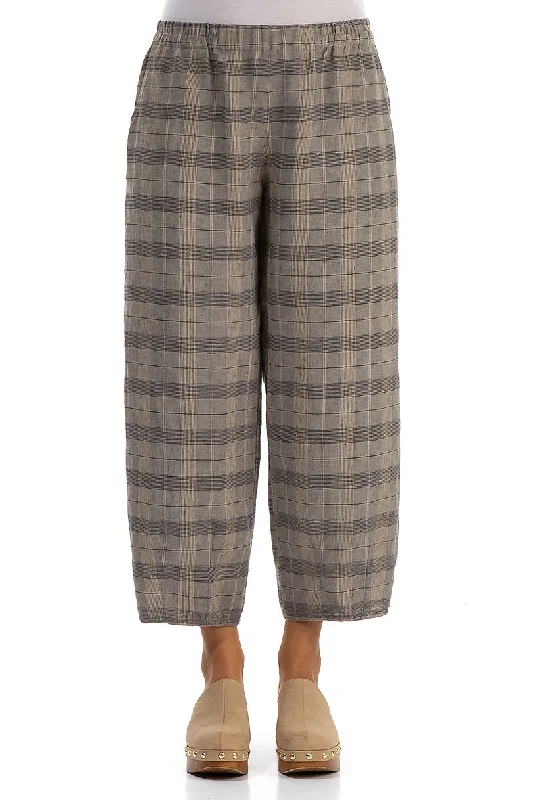 Premium Style Tapered Greige Check Linen Trousers