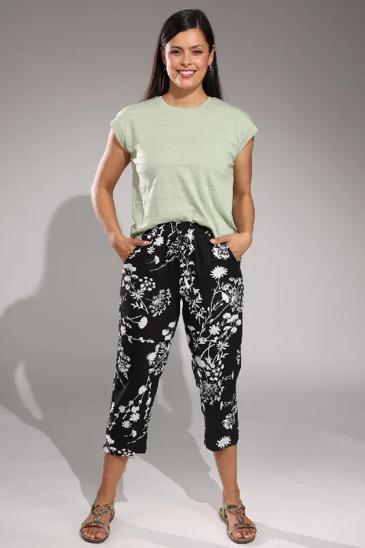 Classy Style Discounts Printed Viscose Mid Calf Pants | BLACK WHITE SPRIG | 3369A1